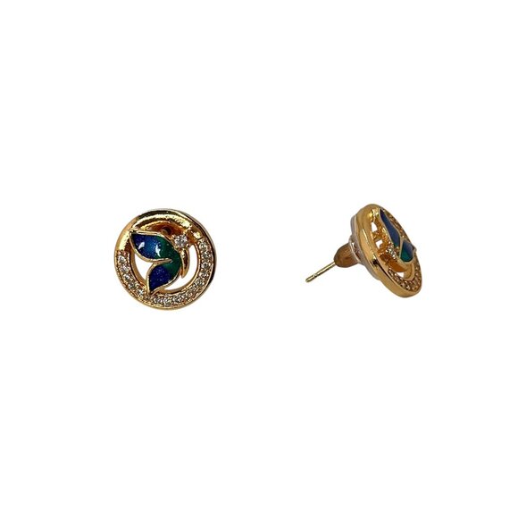 Elegant Gold Tone Blue/Teal Butterfly Stud Earrings Nature-Inspired Design Round - Picture 3 of 5
